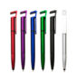 Caneta plástica, comprar caneta touch no rio de janeiro, caneta plástica touch com suporte para celular, caneta inteira colorida com detalhes em preto, caneta com clip plástico aberto usado como suporte para celular, caneta com parte superior com limpador de tela, caneta com anel preto abaixo, caneta parte inferior com detalhes em relevo, caneta acionada por giro