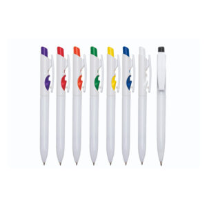 Caneta, comprar caneta rio de janeiro, caneta de plástico, caneta plástica branca, caneta plástica branca com detalhes no acionador e destravador colorido, caneta com destravador colorido, caneta acionada por clique, caneta que destrava ao apertar a parte inferior do clip